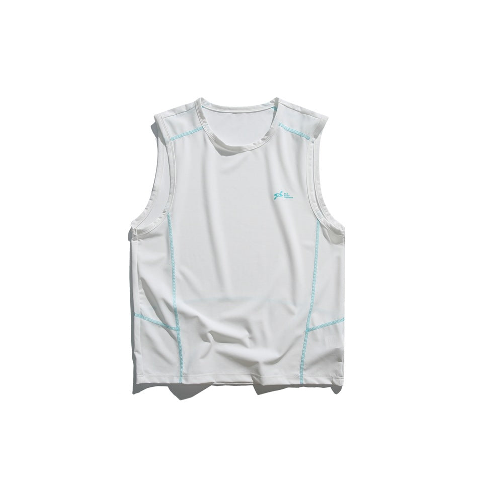 White sleeveless crew-neck top with turquoise contrast stitching and small chest print, flat lay front view