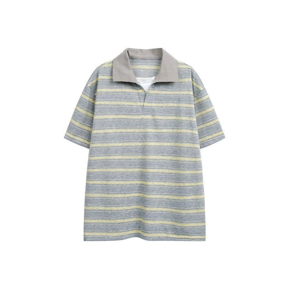 Gray short-sleeve polo-style top with yellow stripes and a gray collar, flat front view