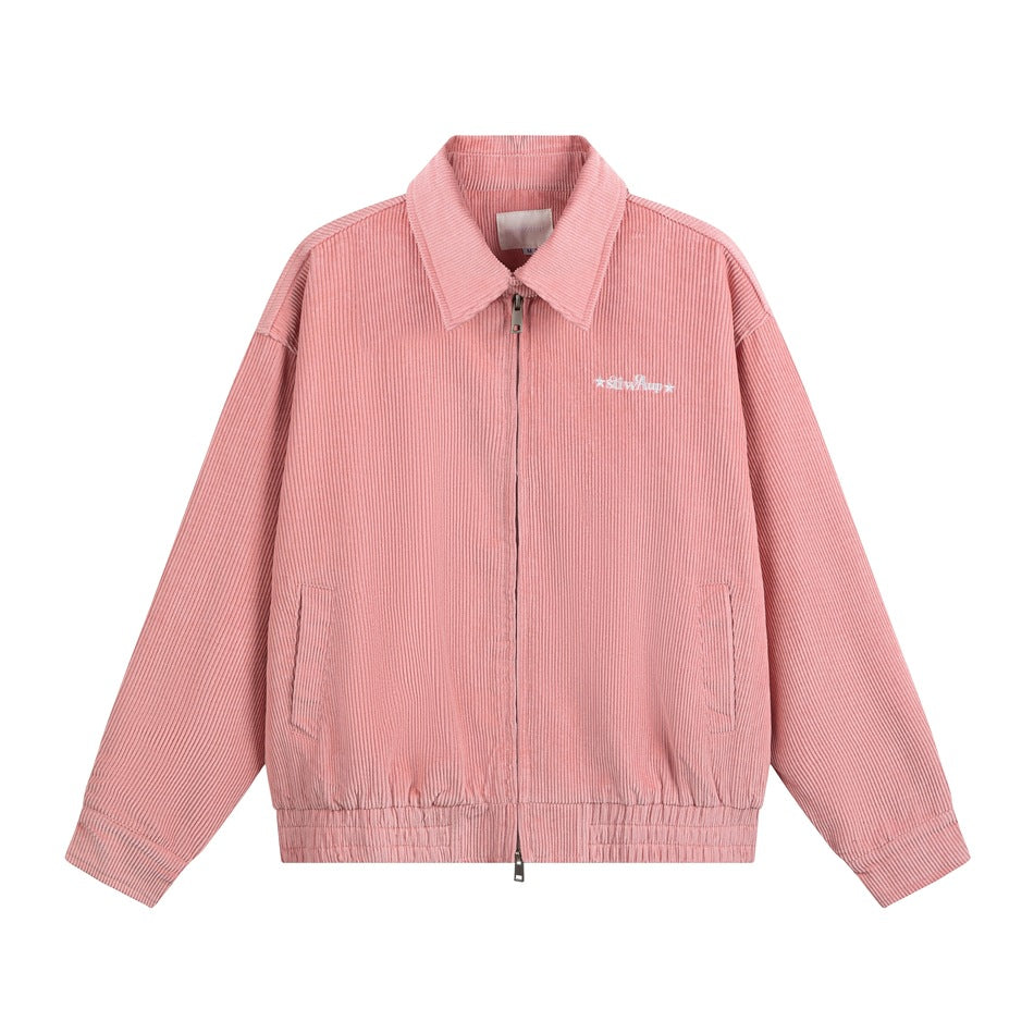 Pink corduroy zip jacket with a collar, front pockets and elastic hem, flat lay front view