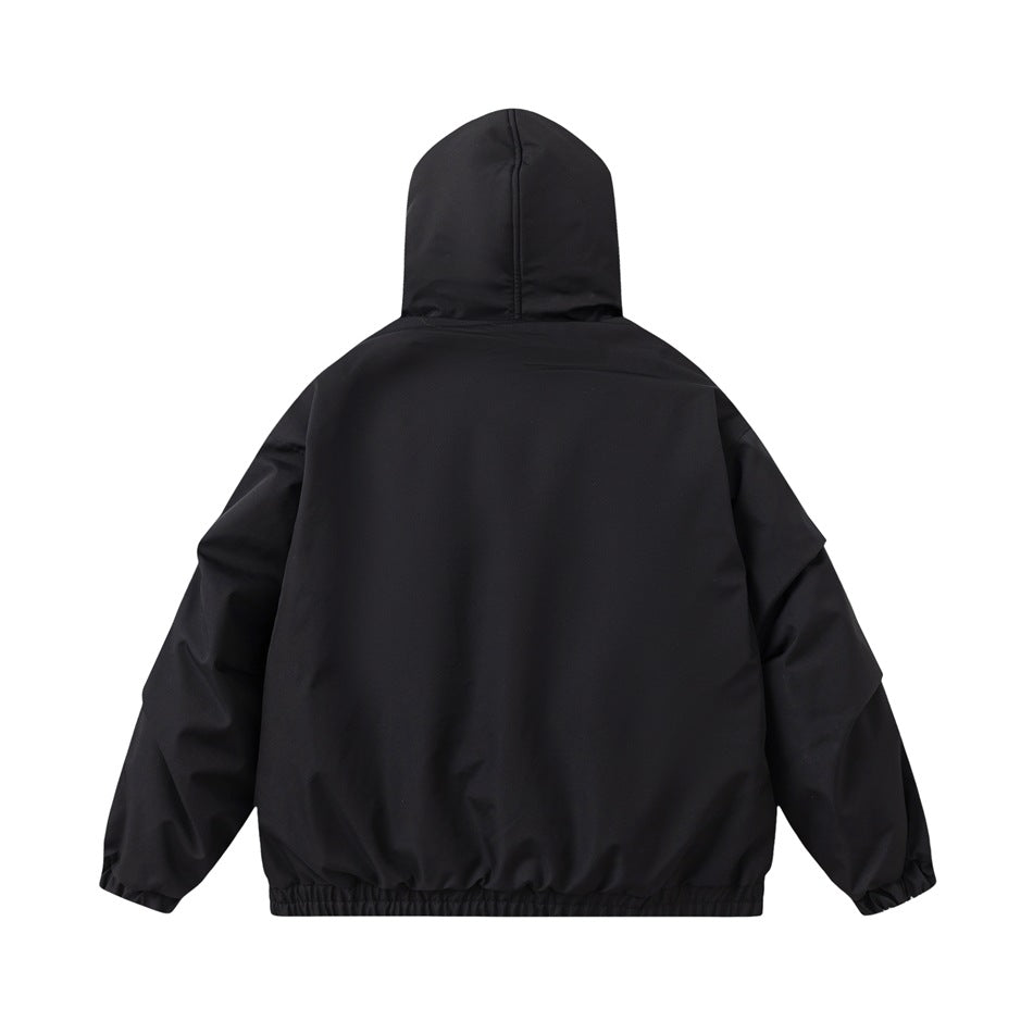 Back view of a black hooded jacket with long sleeves and an elastic hem, shown against a white background.