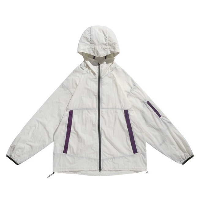 White hooded jacket laid flat, with a dark front zipper and purple pocket and sleeve accents.
