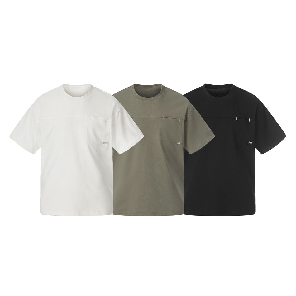 Three short-sleeve pocket T-shirts shown together in white, olive, and black.