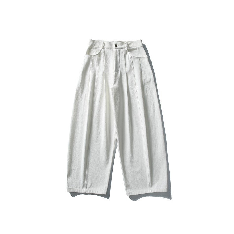 Off-white wide-leg pleated pants flat lay, front view with button closure and slanted pockets