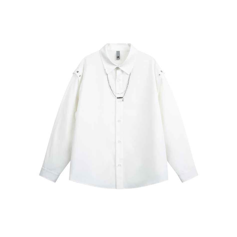 White long-sleeve button-up shirt with pointed collar, eyelet shoulder straps and layered silver chain, flat front view