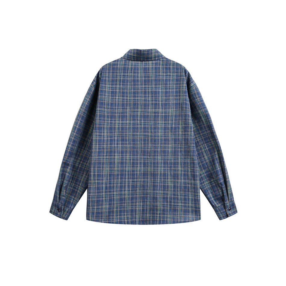 Back view of a long-sleeved blue plaid shirt with a collar and buttoned cuffs, laid flat on white.