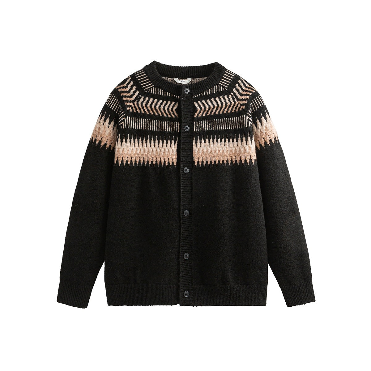 Black button-front knit cardigan with beige and cream Fair Isle-style yoke pattern, flat lay front view