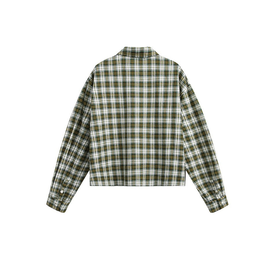 Back view of a white, green, and mustard plaid button-up shirt on a white background.