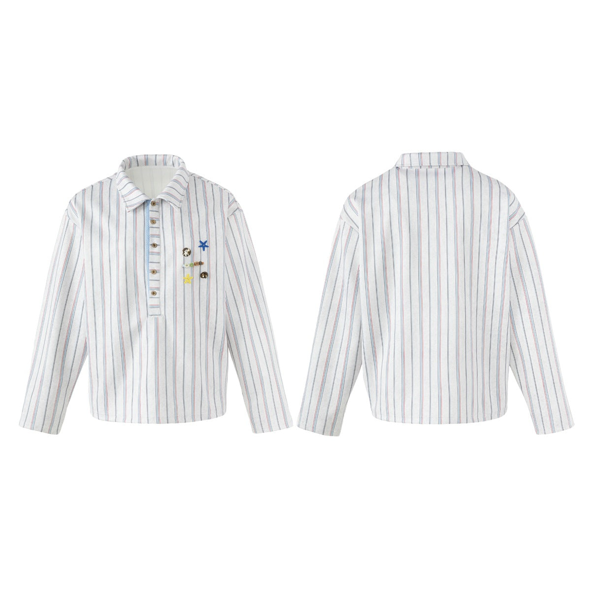 White long-sleeve shirt with thin blue and red stripes shown from the front and back; front has a button placket and colorful
