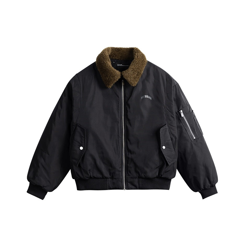 Black bomber jacket with olive-brown fleece-like collar, front zipper, flap pockets and sleeve zip pocket, flat front view
