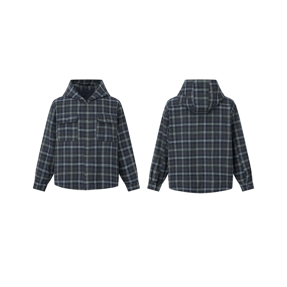 Dark navy and gray plaid hooded button-up shirt shown from the front and back; the front has two chest pockets.