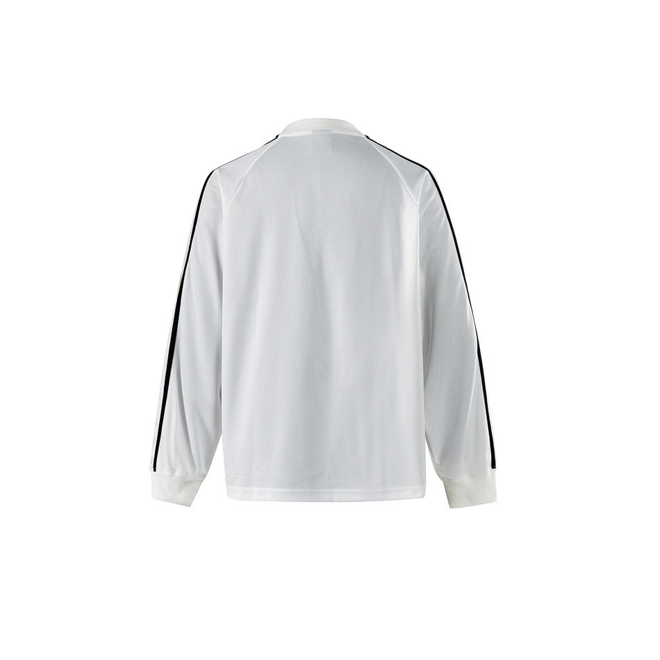 Back view of a white long-sleeve jersey with black piping along the sleeves and white cuffs.