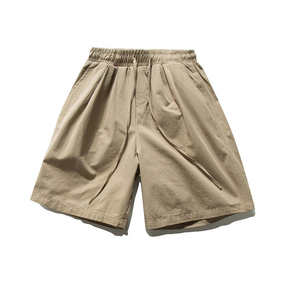 Khaki wide-leg knee-length shorts with elastic drawstring waist, flat lay front view