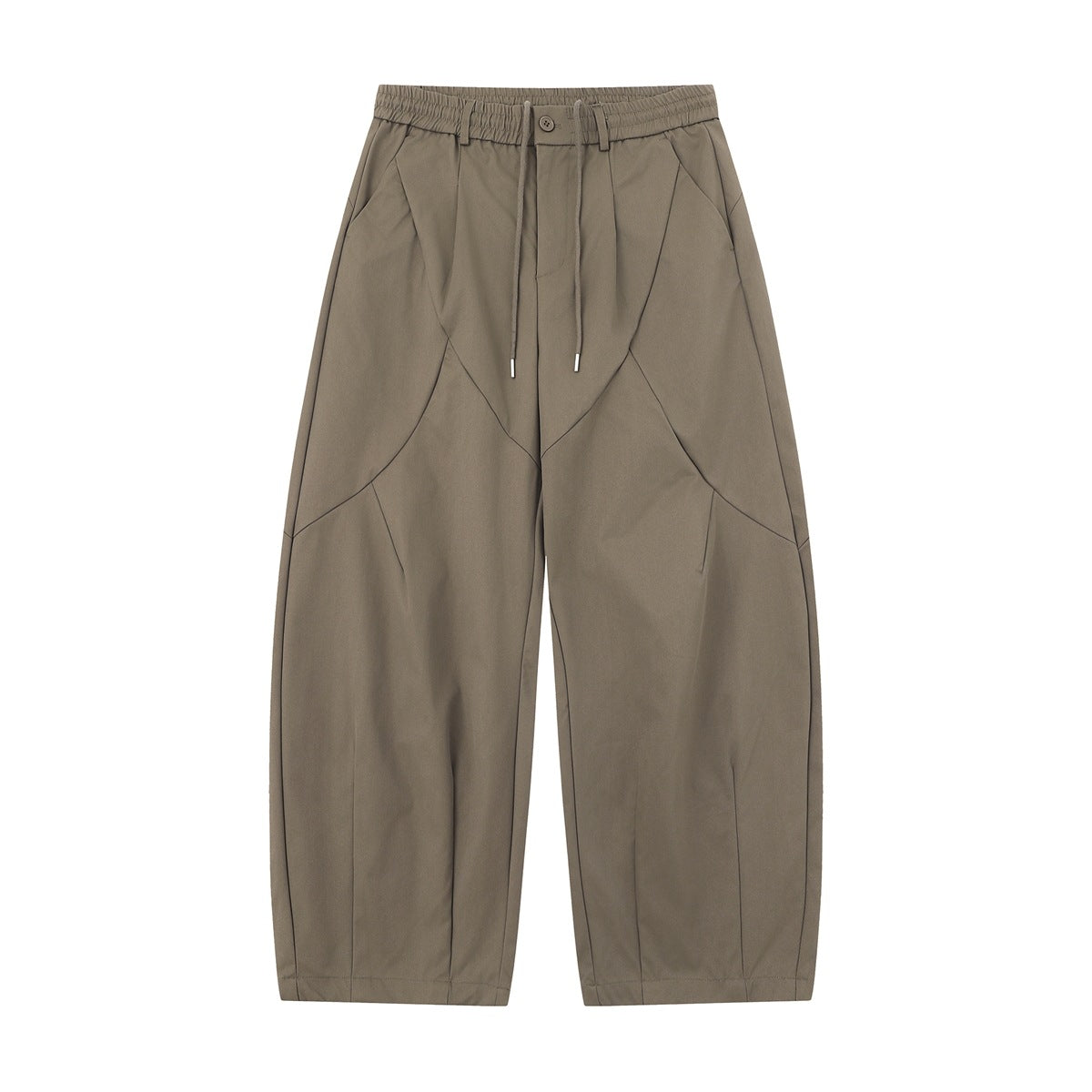 Olive-taupe green wide-leg pants with drawstring waist and curved seams, flat front view