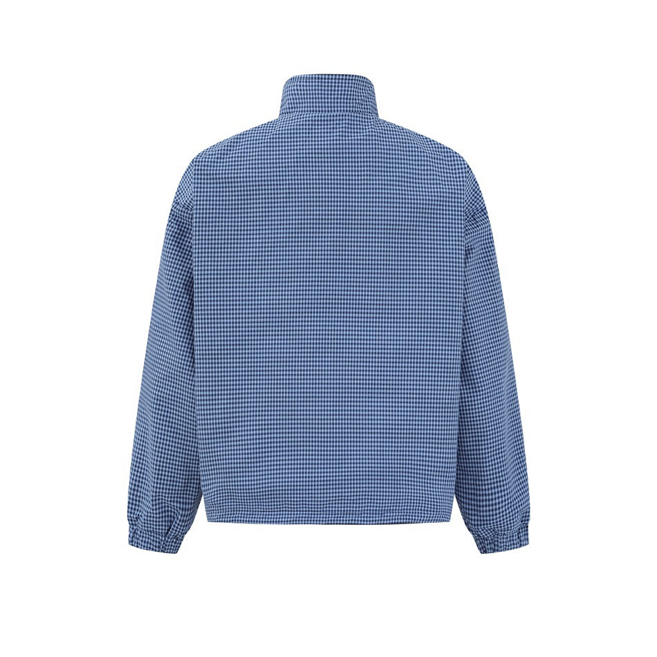 Back view of a blue checked jacket with a stand collar and long sleeves.