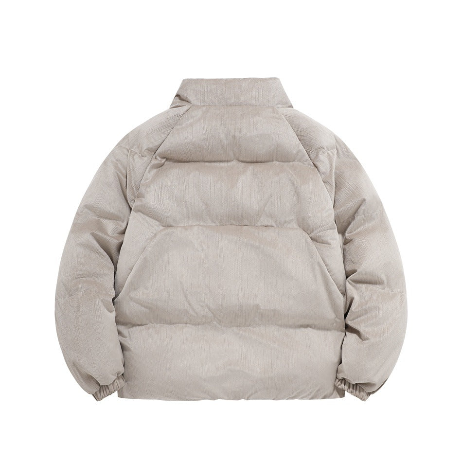 Back view of a light taupe padded jacket with a high collar, horizontal quilting, and elastic cuffs.