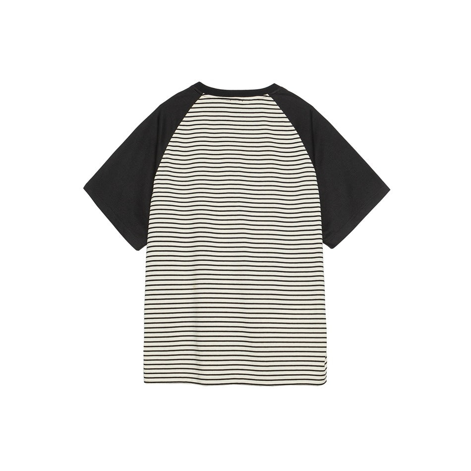 Back view of black raglan-sleeve T-shirt with cream and black horizontal striped body