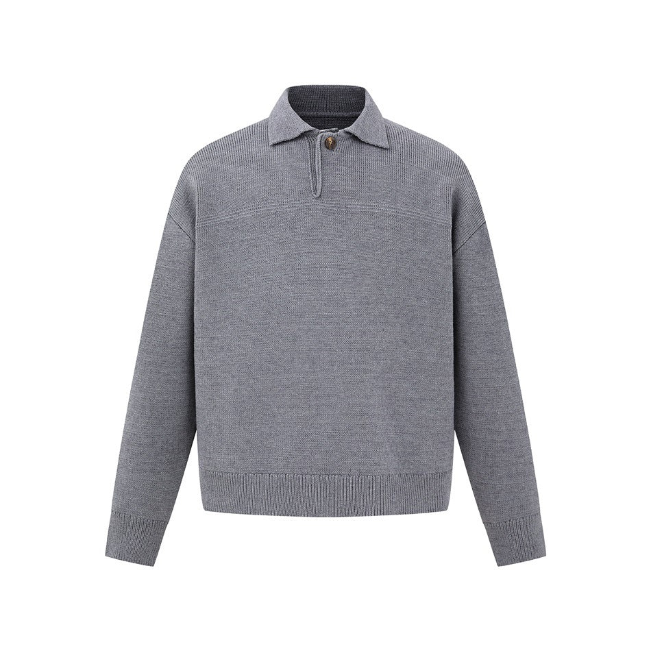 Gray knit polo-style sweater with turn-down collar, single button placket and ribbed hem, front view