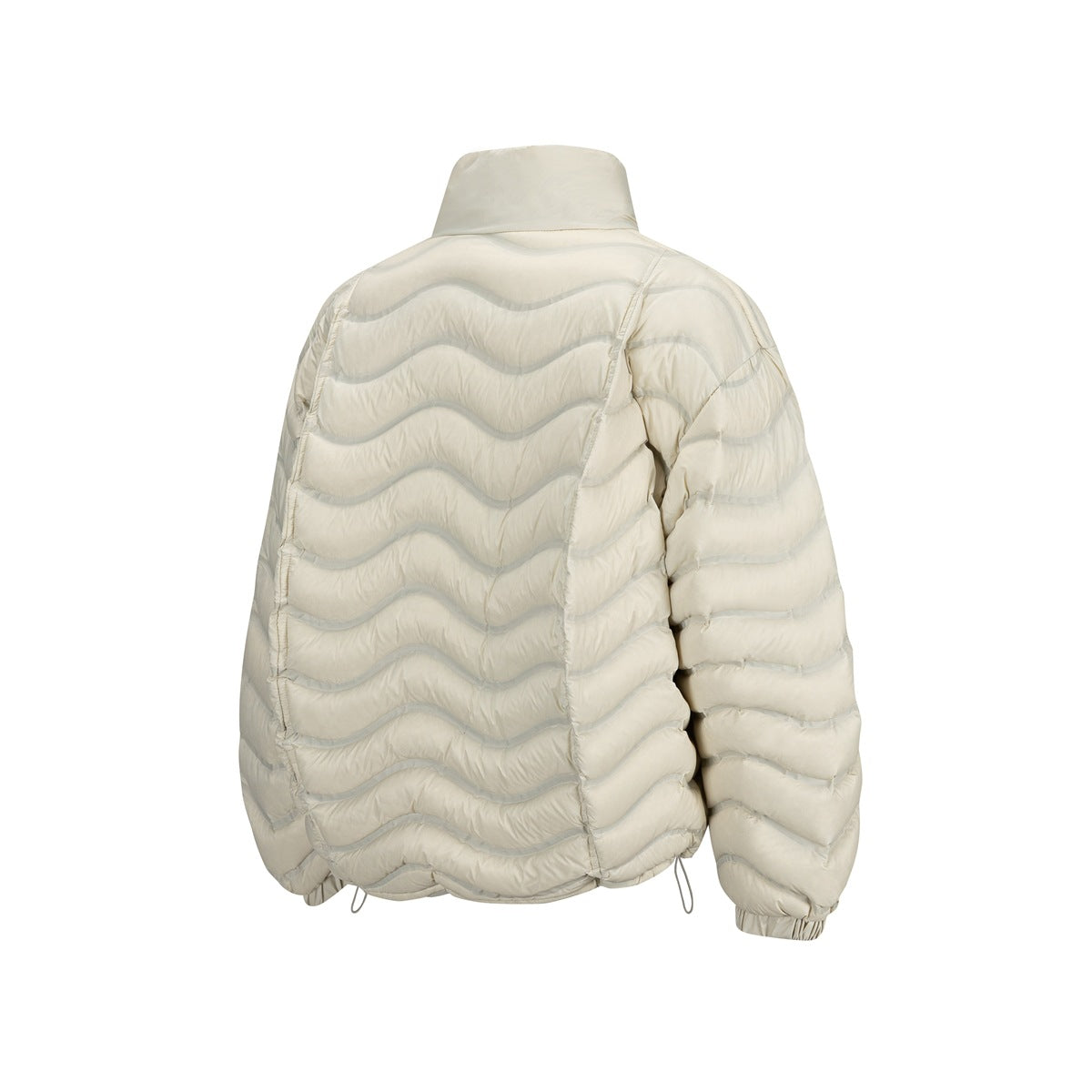 Back view of an ivory stand-collar jacket with padded wavy quilting and elastic cuffs.