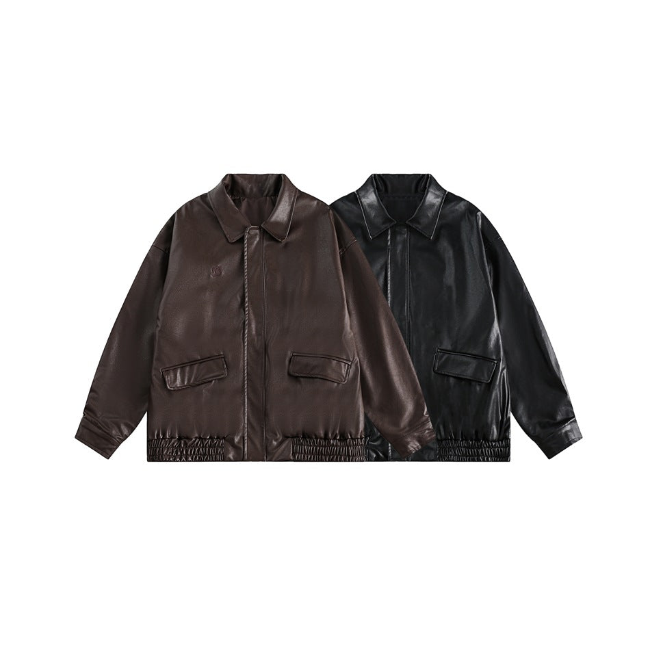 Two flat-lay views of a collared jacket in dark brown and black, with flap pockets and gathered hems.