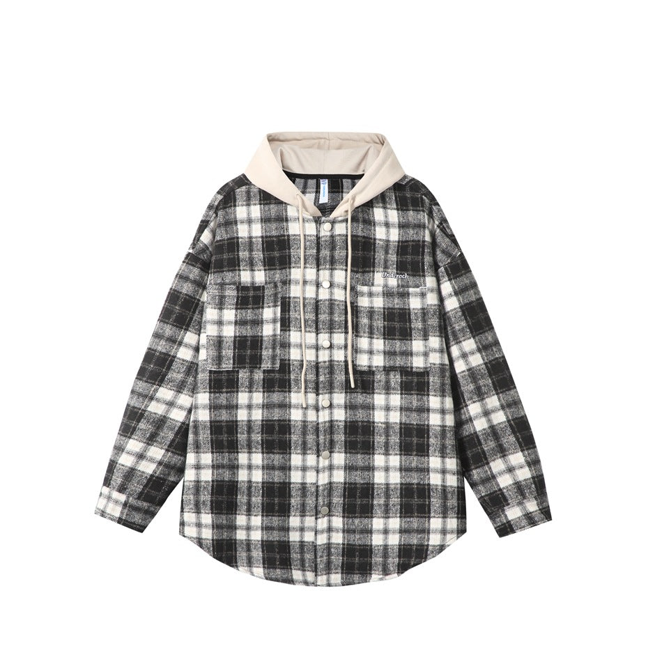 Front view of a black, gray, and white plaid hooded overshirt with a beige hood, drawstrings, snap buttons, and chest