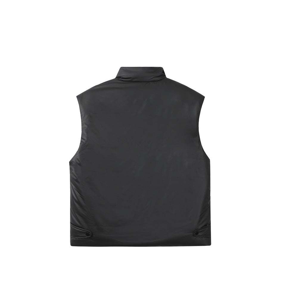 Back view of a black sleeveless padded vest with a high collar and adjustable tabs near the hem.