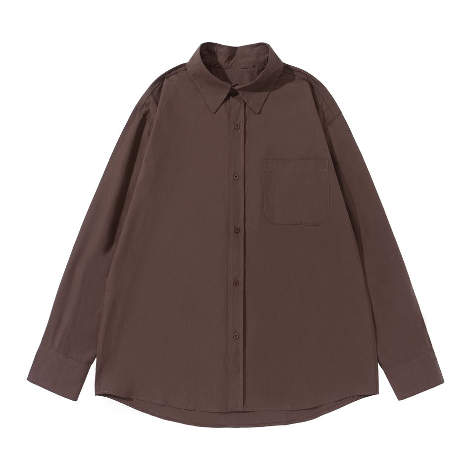 Brown long-sleeve button-up shirt with chest pocket, flat lay front view