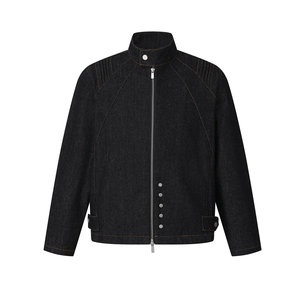 Black denim stand-collar jacket front with center zip, raglan sleeves, snap buttons and side waist tabs