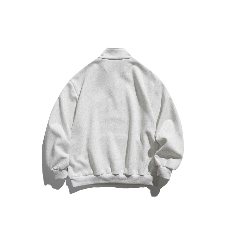 Back view of a light heather gray stand-collar sweatshirt with ribbed cuffs and hem and a plain back