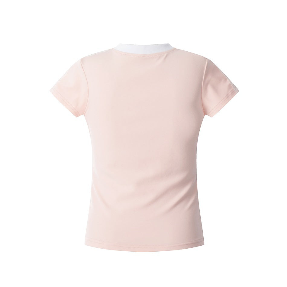 Back of a pale pink fitted short-sleeve top with a white crew neckline.