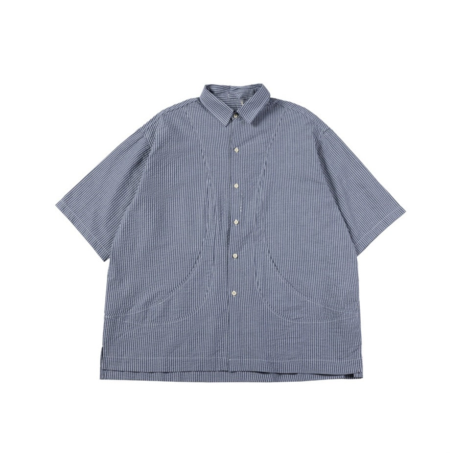 Blue striped short-sleeve button-up shirt with curved stitched seam lines, flat front view