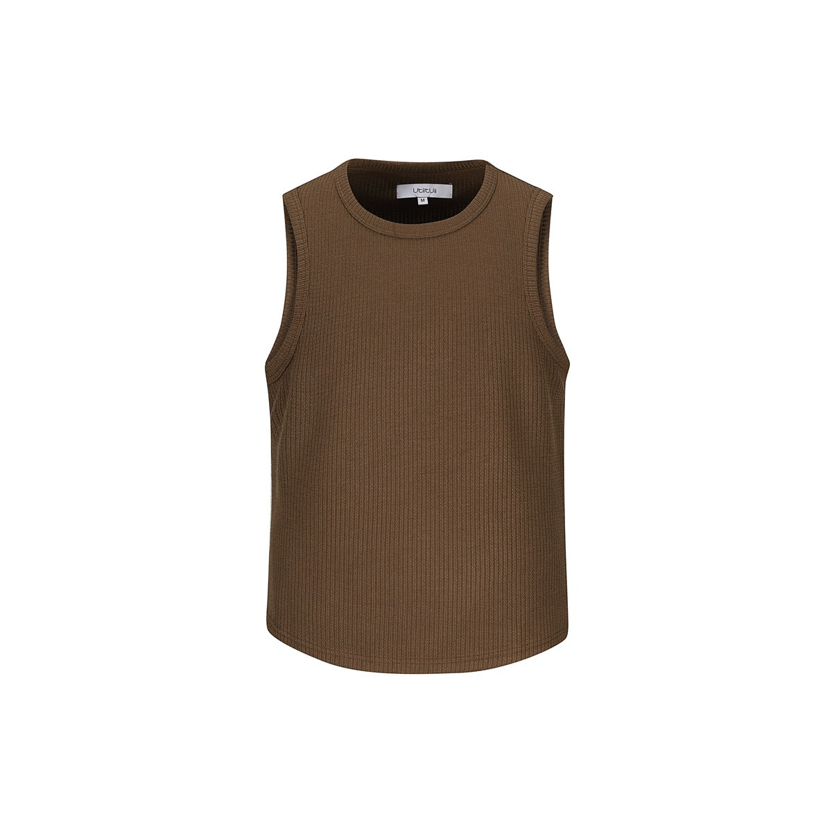 Brown ribbed sleeveless crew-neck tank top, front view flat on white