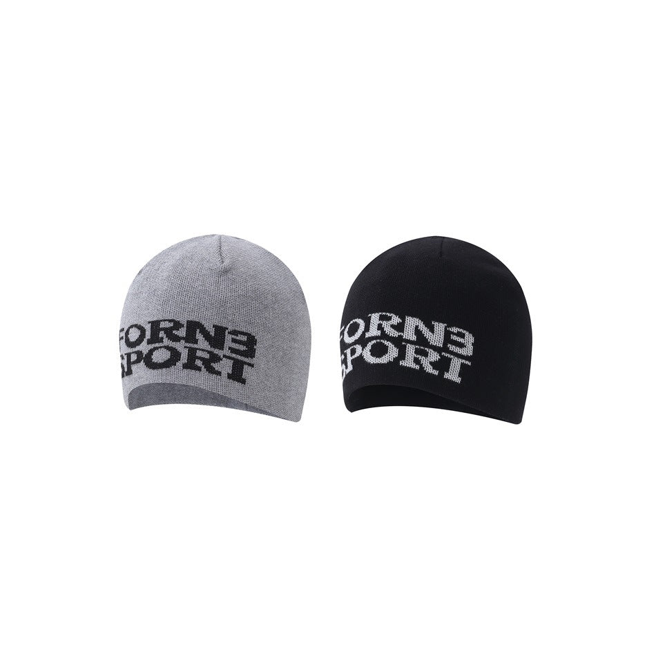 Gray and black knit beanies in angled side view with partly visible 'FORN3 SPORT' lettering on white