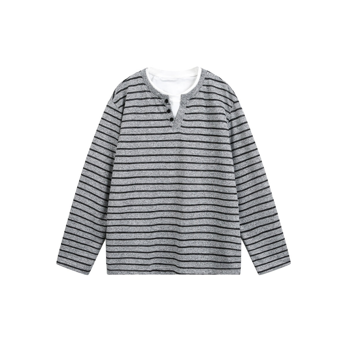 Gray long-sleeve top with dark horizontal stripes, three-button Henley placket and white inner layer at neckline, flat lay