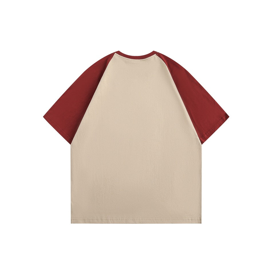 Back view of a beige short-sleeve raglan T-shirt with burgundy sleeves and collar.