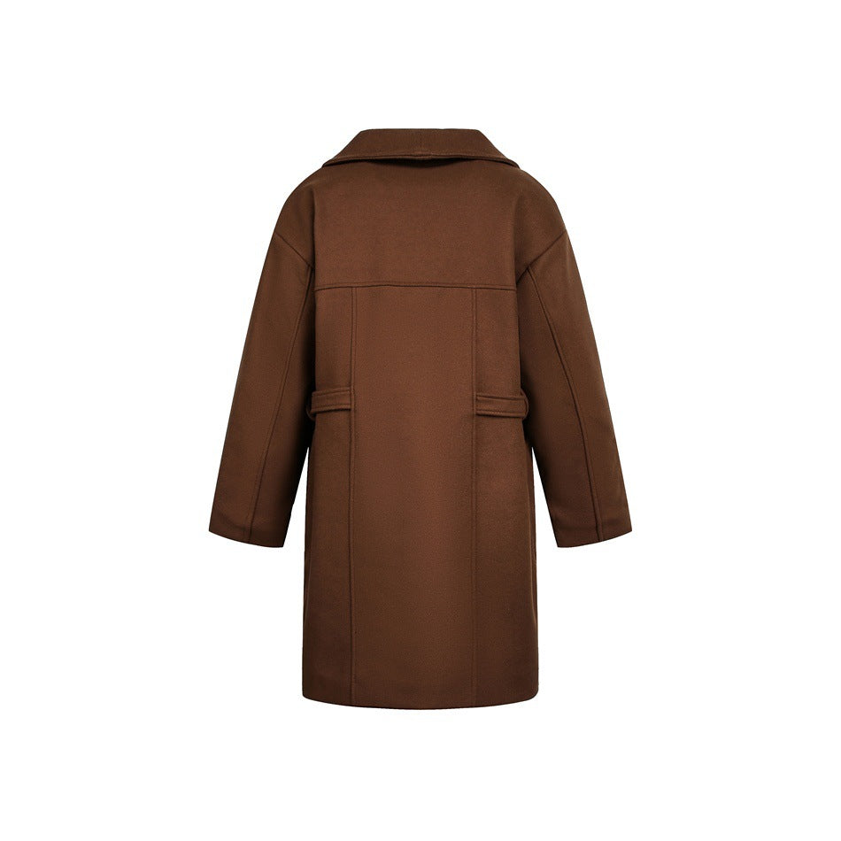 Back view of a long brown coat with a wide collar, straight sleeves, and a center seam with short waist tabs.