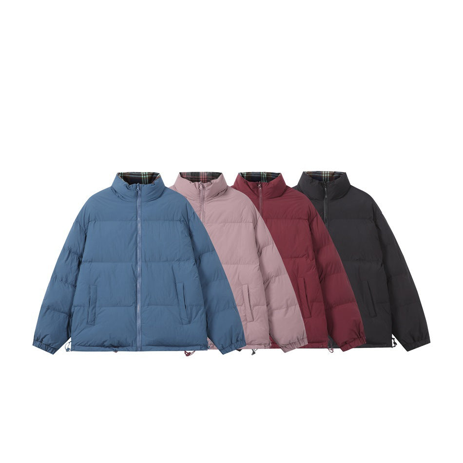 Four puffer jackets shown together in blue, pale pink, burgundy, and charcoal, with plaid lining at the collars.
