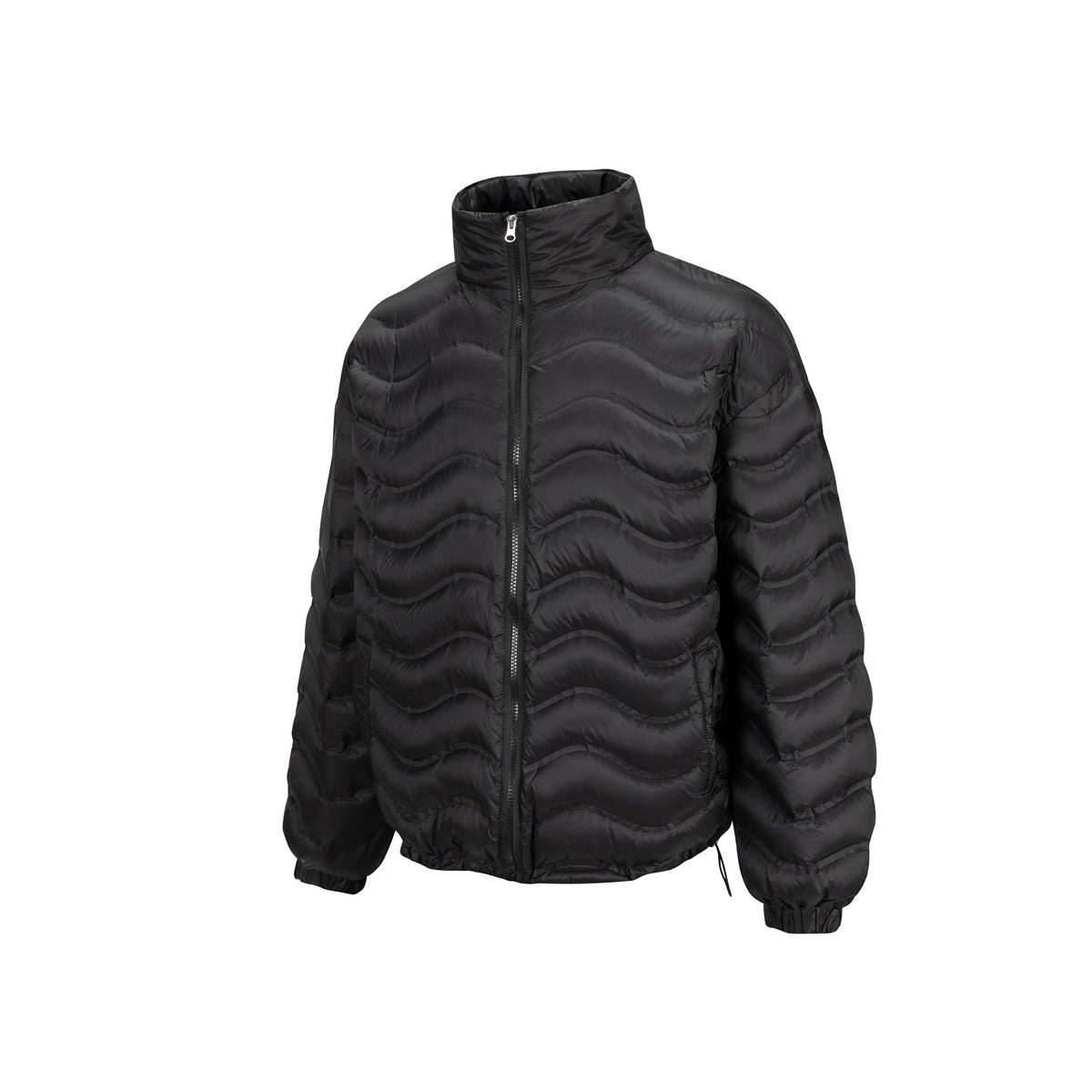 Black puffer jacket with stand collar, front zipper and wavy horizontal quilting, shown flat from the front