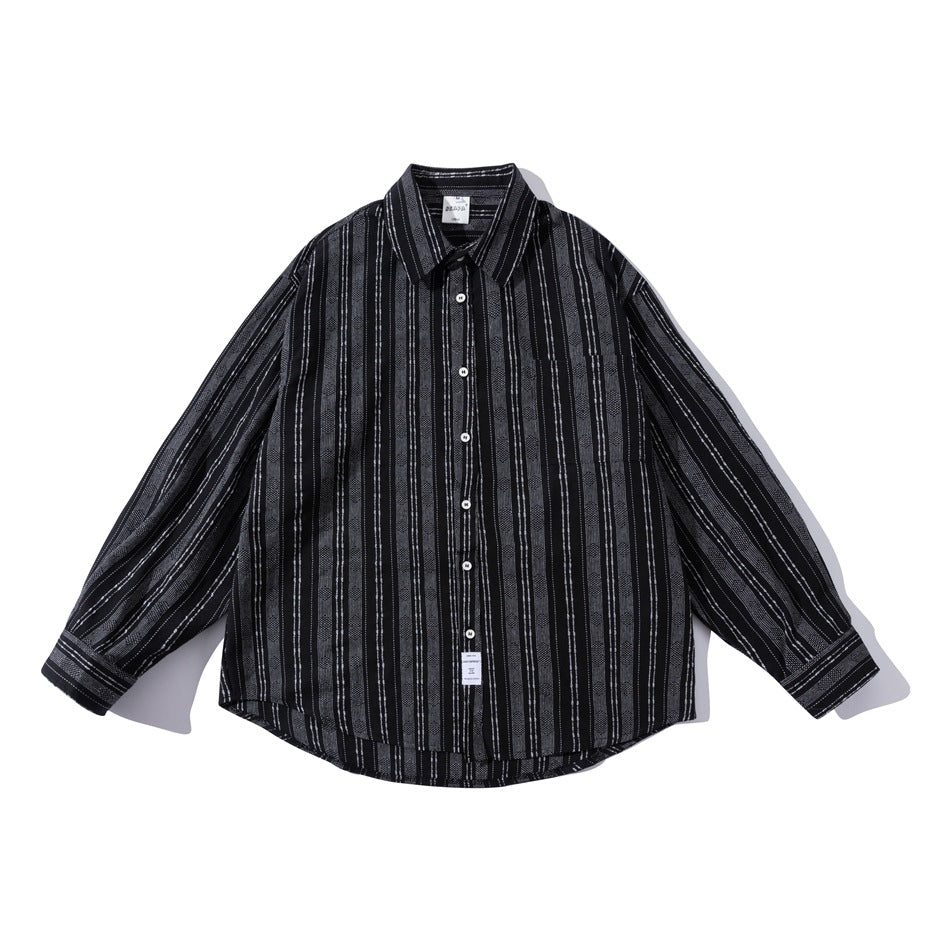 Black vertical-striped long-sleeve button-up shirt with chest pocket, laid flat, front view