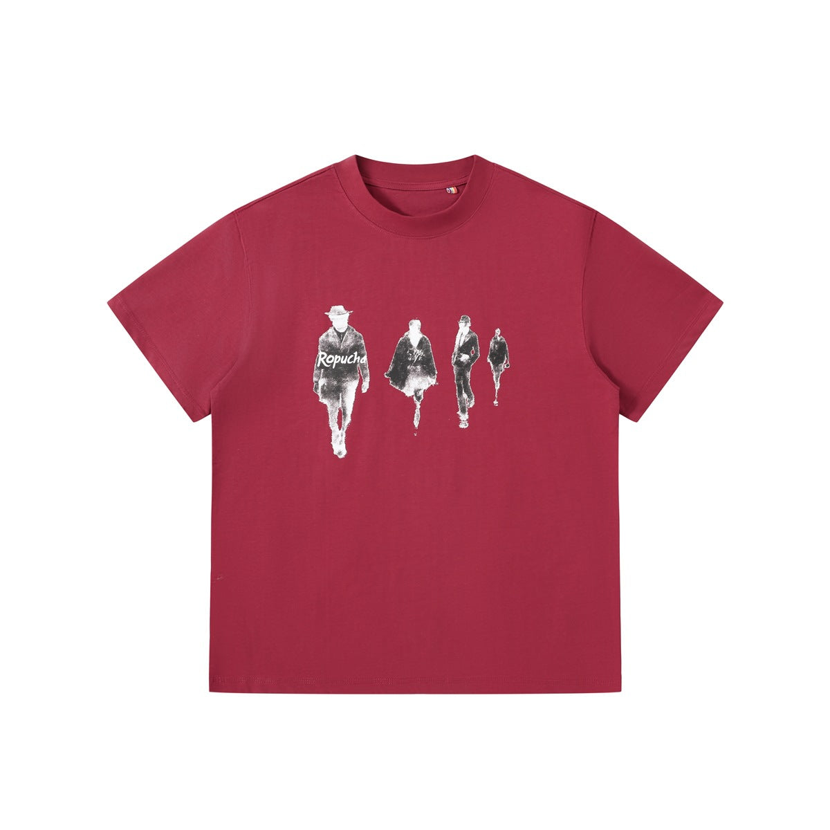 Red short-sleeve crew-neck T-shirt with faded black-and-white print of four walking figures on the chest