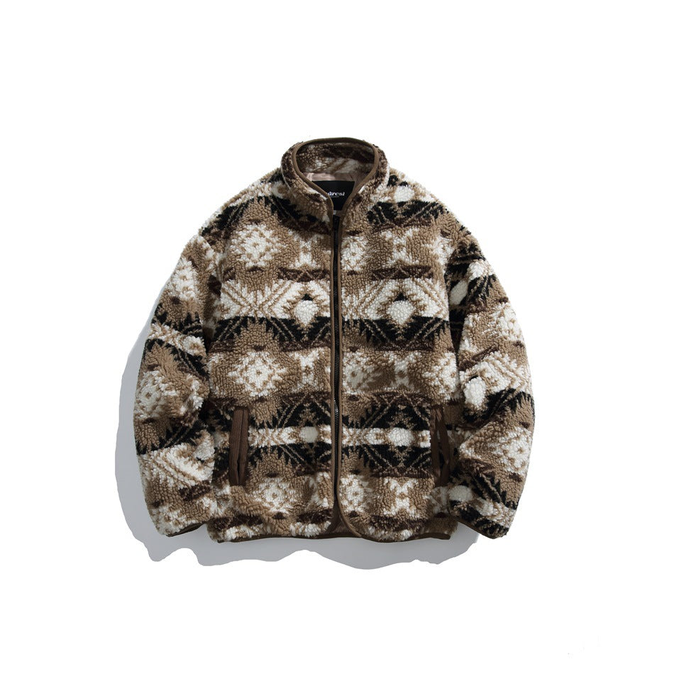 Brown and cream geometric pattern fleece-like zip jacket with stand collar and brown piping, flat lay front view