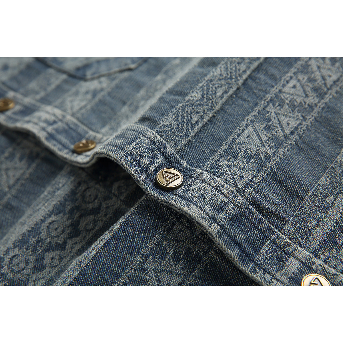 Close-up of the shirt’s blue geometric pattern, stitched placket, and brass-tone buttons.