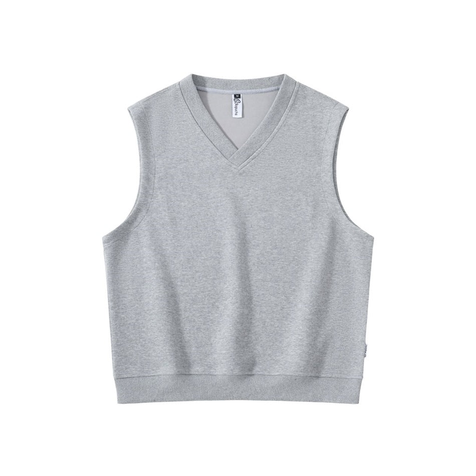 Gray heathered sleeveless V-neck vest with ribbed neckline and hem, flat front view