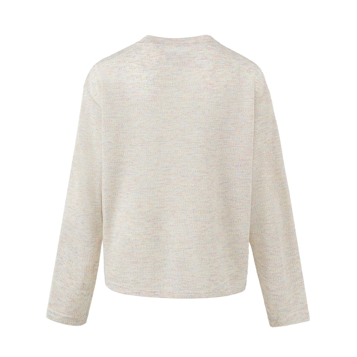 Back view of a cropped, long-sleeve crewneck top in light oatmeal fabric with subtle multicolor flecks.