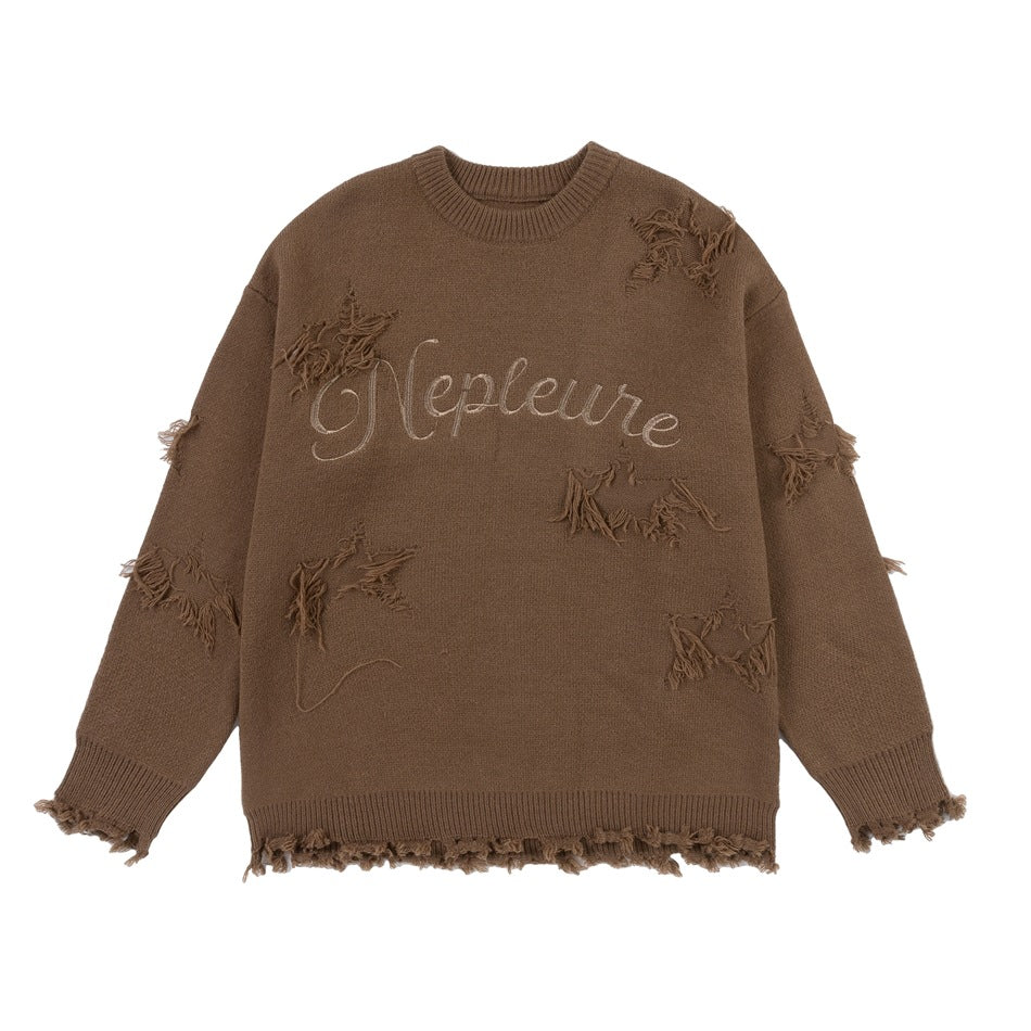 Brown crewneck sweater with embroidered script, distressed accents, ribbed trim, and frayed edges, shown from the front.