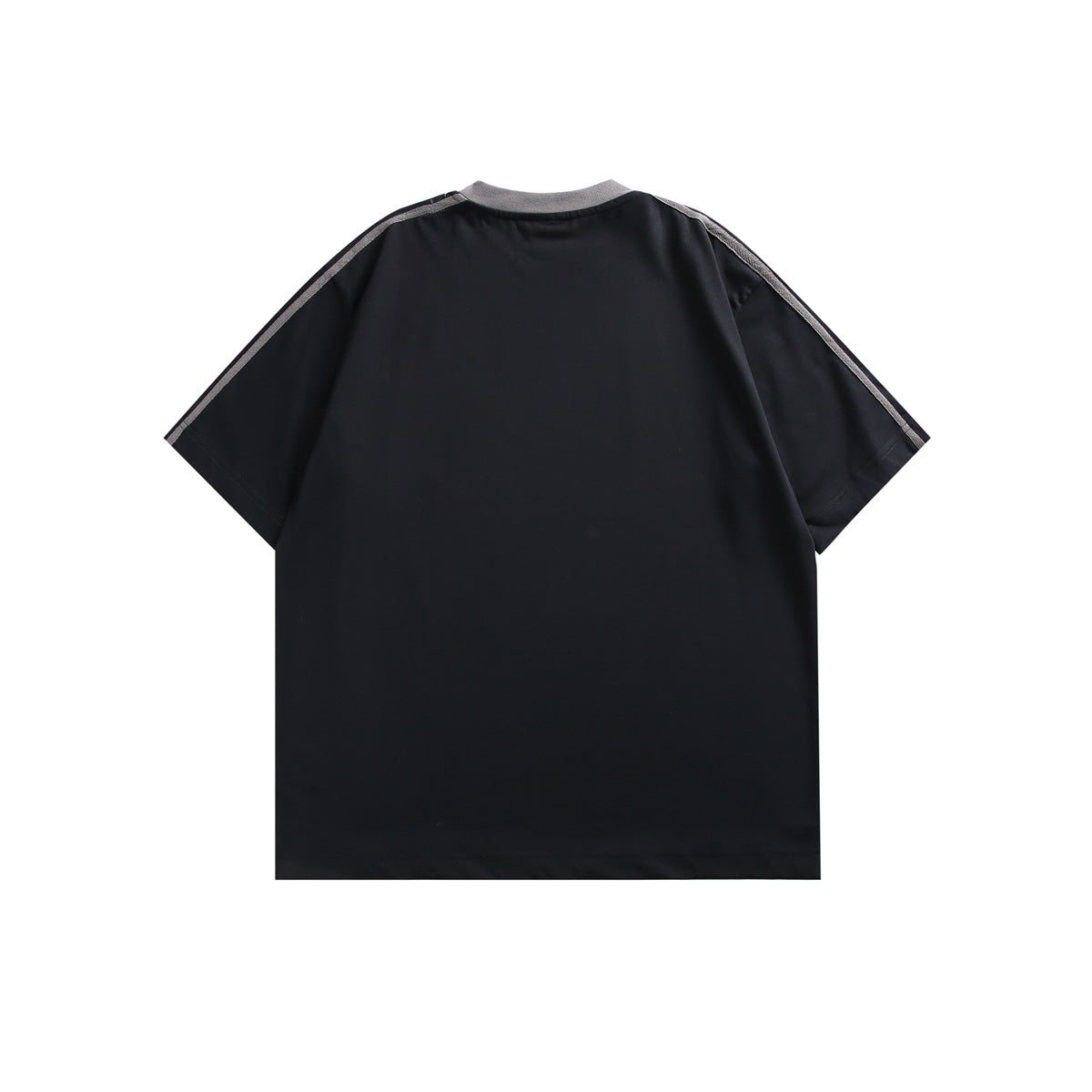 Back view of black short-sleeve T-shirt with gray collar and gray shoulder tape, plain back