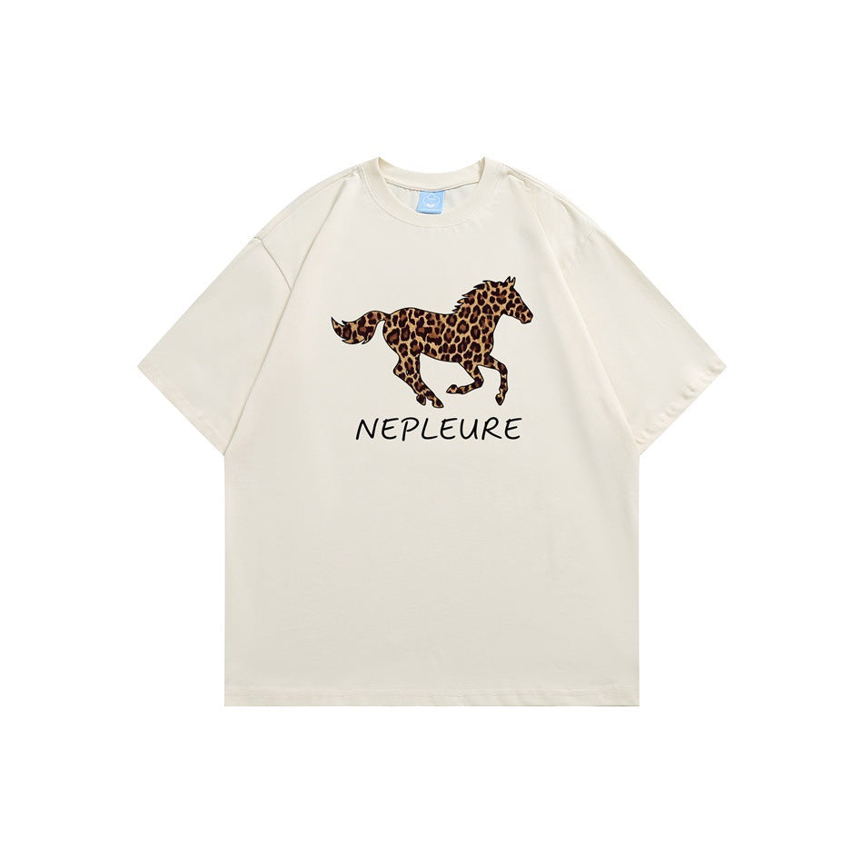 Beige short-sleeve T-shirt with a leopard-print running horse graphic and black NEPLEURE text on the front