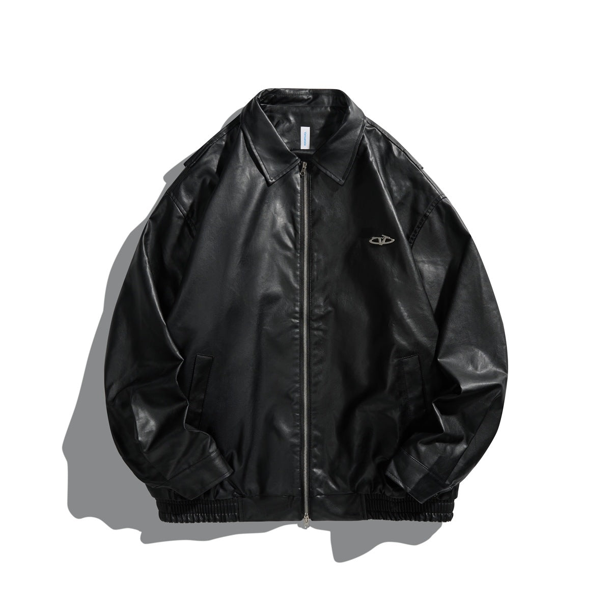 Black glossy faux-leather-look zip jacket with collar, welt pockets and elastic hem, flat front view