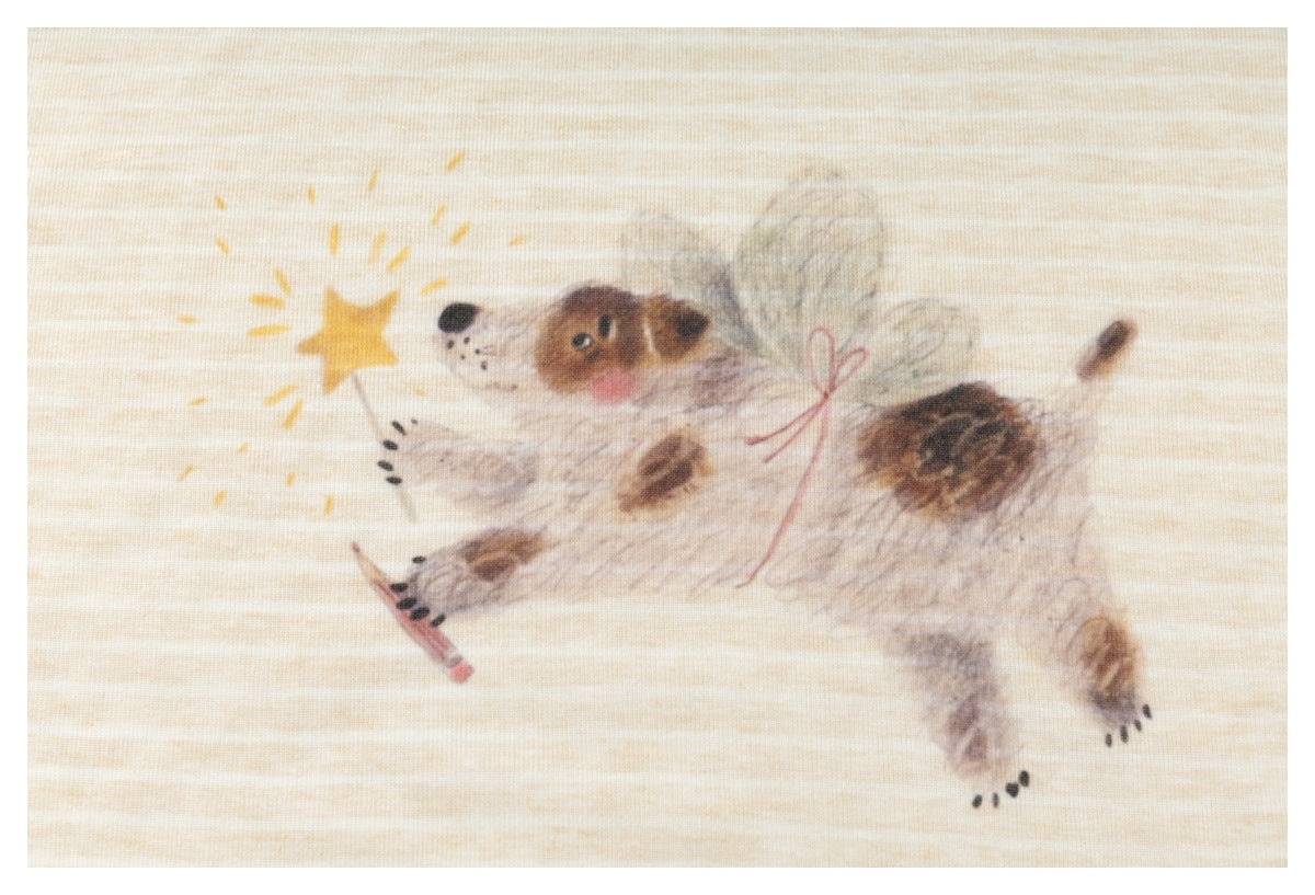 Close-up of a watercolor-style flying dog reaching for a yellow star on a cream striped T-shirt.