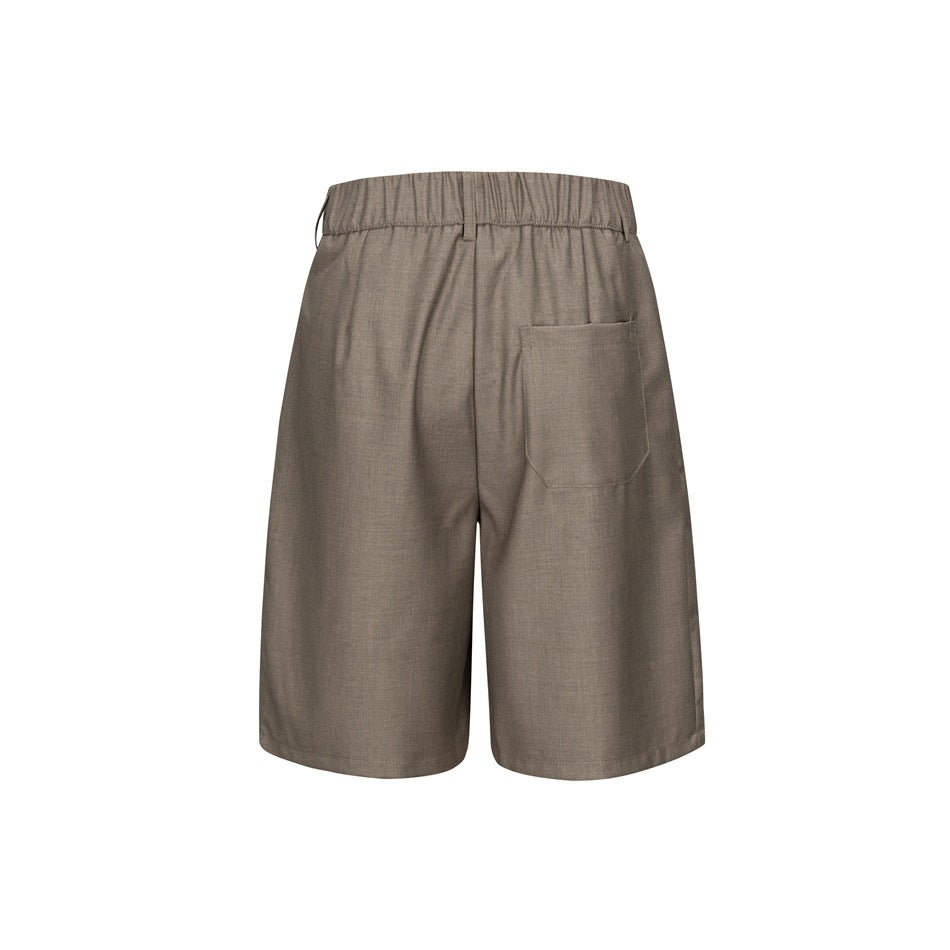 Coffee brown knee-length shorts, back view, with elastic waistband and a patch pocket on the right side