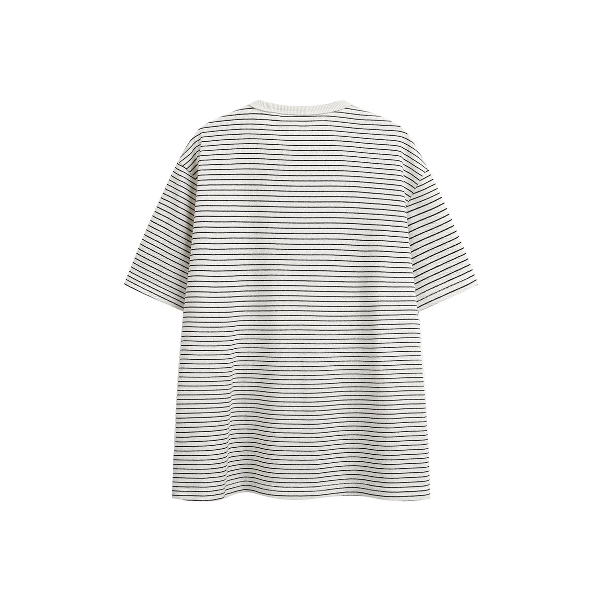 Back view of an ivory short-sleeve T-shirt with thin black horizontal stripes and a crew neck.